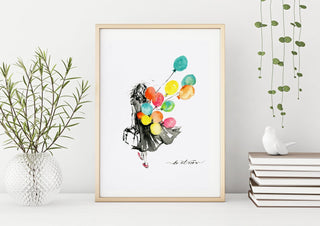 "Do It Now" Watercolor Art Print of a Woman with Balloons from Jean Choe Art & Design - Giclée