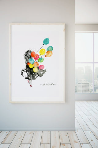 "Do It Now" Watercolor Art Print of a Woman with Balloons from Jean Choe Art & Design - Giclée