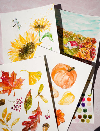 Fall Harvest Watercolor Pages with Pre-Outlined Sheets for Relaxing Watercolor Practice Printed on Coldpress watercolor paper