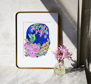 "Hummingbird Garden" Art Print: Bird and Flowers Giclee Print from Jean Choe Art & Design - Giclée