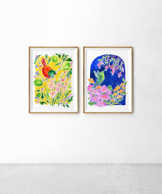 "Hummingbird Garden" Art Print: Bird and Flowers Giclee Print from Jean Choe Art & Design - Giclée