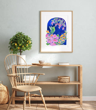 "Hummingbird Garden" Art Print: Bird and Flowers Giclee Print from Jean Choe Art & Design - Giclée