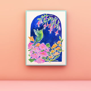 "Hummingbird Garden" Art Print: Bird and Flowers Giclee Print from Jean Choe Art & Design - Giclée
