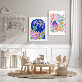 "Hummingbird Garden" Art Print: Bird and Flowers Giclee Print from Jean Choe Art & Design - Giclée