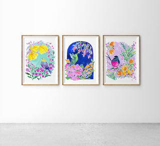 "Hummingbird Garden" Art Print: Bird and Flowers Giclee Print from Jean Choe Art & Design - Giclée