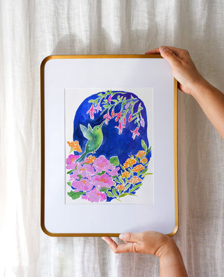 Hummingbird Garden (Original) with Bronze Metal Frame from Jean Choe Art & Design - Watercolor