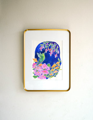 Hummingbird Garden (Original) with Bronze Metal Frame from Jean Choe Art & Design - Watercolor