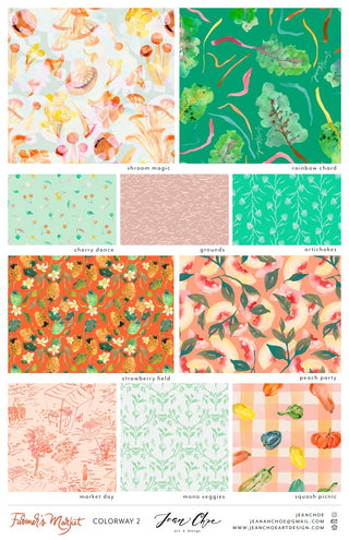 Pattern design collection of colorful watercolor repeat patterns inspired by fresh vegetables and fruits from Farmer's Market
