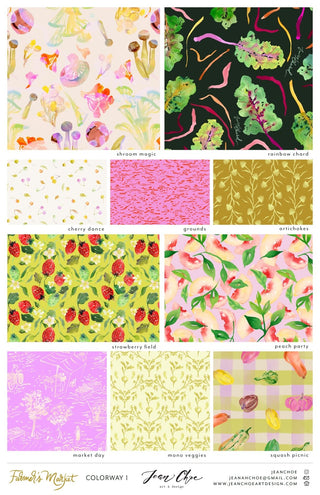 Pattern design collection of colorful watercolor repeat patterns inspired by fresh vegetables and fruits from Farmer's Market