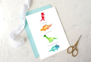 Kids Dinosaur Birthday Card: Dino Hats from Jean Choe Art & Design - Birthday Cards
