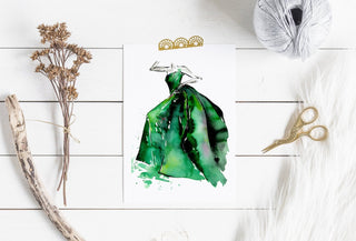 "Lady in Emerald Dress" Art Print: Watercolor Fashion Illustration from Jean Choe Art & Design - Watercolor