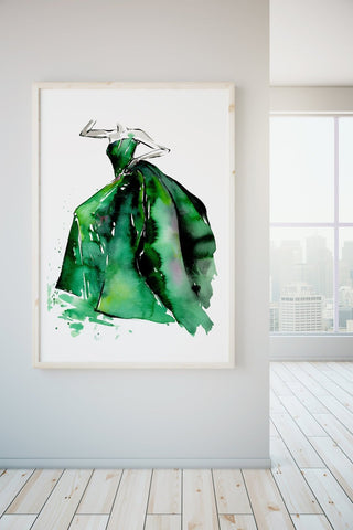 "Lady in Emerald Dress" Art Print: Watercolor Fashion Illustration from Jean Choe Art & Design - Watercolor