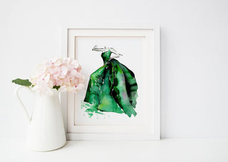 "Lady in Emerald Dress" Art Print: Watercolor Fashion Illustration from Jean Choe Art & Design - Watercolor