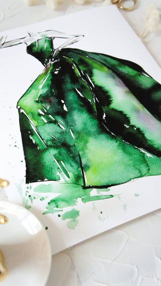 "Lady in Emerald Dress" Art Print: Watercolor Fashion Illustration from Jean Choe Art & Design - Watercolor
