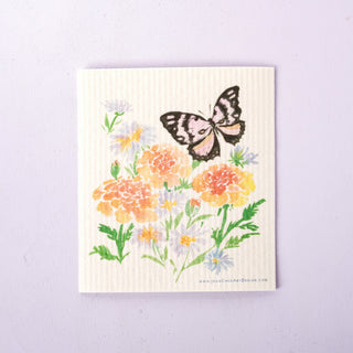 Marigold Butterfly Swedish Dishcloth: Reusable Floral Kitchen Cloth from Jean Choe Art & Design - Reusable Paper Towels
