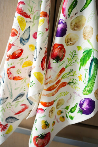 Market to Table Tea Towel Set of 4: Fruits, Vegetables, Sweets & Seafood from Jean Choe Art & Design - Kitchen & Tea Towels