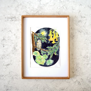 Moonlit Owl (Original) with Cherry Wood Frame from Jean Choe Art & Design - Watercolor