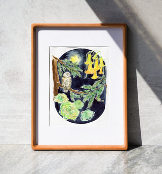 Moonlit Owl (Original) with Cherry Wood Frame from Jean Choe Art & Design - Watercolor