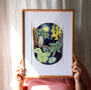Moonlit Owl (Original) with Cherry Wood Frame from Jean Choe Art & Design - Watercolor