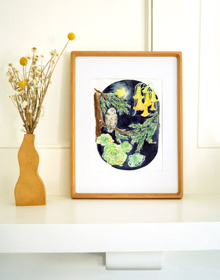 Moonlit Owl (Original) with Cherry Wood Frame from Jean Choe Art & Design - Watercolor