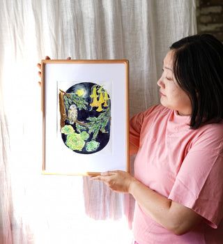 Moonlit Owl (Original) with Cherry Wood Frame from Jean Choe Art & Design - Watercolor