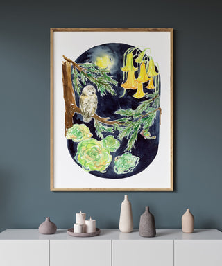 Moonlit Owl – Owl & Moon Watercolor Art Print from Jean Choe Art & Design - Giclée