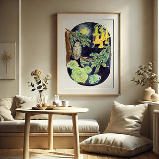 Moonlit Owl – Owl & Moon Watercolor Art Print from Jean Choe Art & Design - Giclée