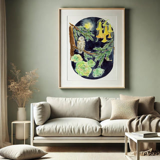 Moonlit Owl – Owl & Moon Watercolor Art Print from Jean Choe Art & Design - Giclée