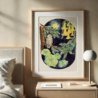 Moonlit Owl – Owl & Moon Watercolor Art Print from Jean Choe Art & Design - Giclée