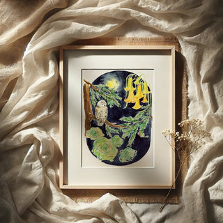 Moonlit Owl – Owl & Moon Watercolor Art Print from Jean Choe Art & Design - Giclée