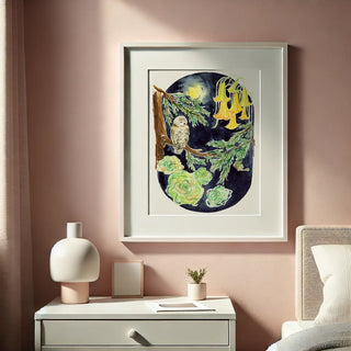 Moonlit Owl – Owl & Moon Watercolor Art Print from Jean Choe Art & Design - Giclée