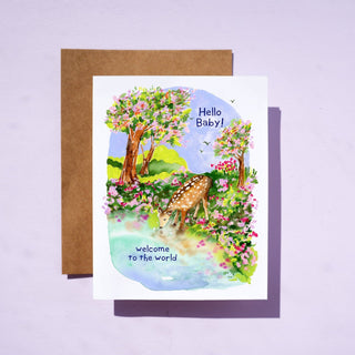 New Baby Deer in Meadow Card – Gender Neutral Baby Shower or Birth Announcement Card from Jean Choe Art & Design - Other Baby