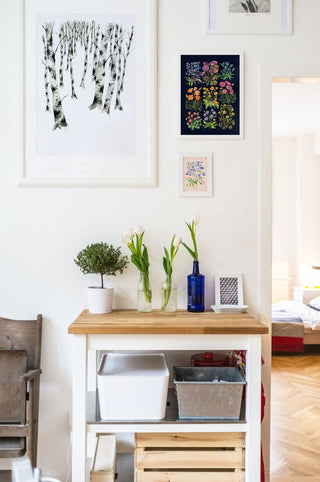 "Nine Flowers" Art Print in Dark Blue: Botanical Wall Art from Jean Choe Art & Design - Giclée
