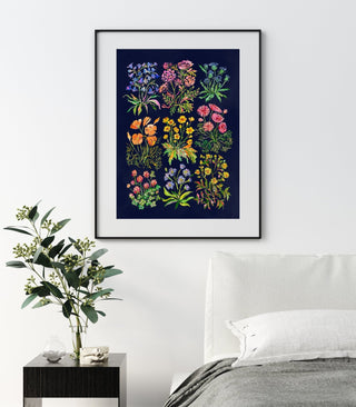 "Nine Flowers" Art Print in Dark Blue: Botanical Wall Art from Jean Choe Art & Design - Giclée