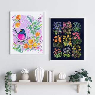 "Nine Flowers" Art Print in Dark Blue: Botanical Wall Art from Jean Choe Art & Design - Giclée