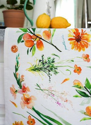 Orange Botanical Tea Towel: Bright Cotton Kitchen Towel for Everyday Use from Jean Choe Art & Design - Kitchen & Tea Towels
