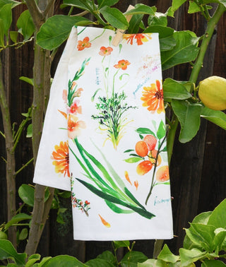 Orange Botanical Tea Towel: Bright Cotton Kitchen Towel for Everyday Use from Jean Choe Art & Design - Kitchen & Tea Towels