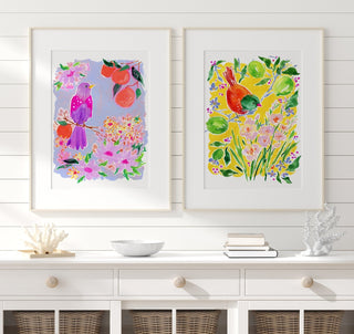 "Orange Grove Twinspot" Print: Vibrant Bird and Citrus Wall Décor from Jean Choe Art & Design - Giclée