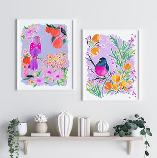 "Orange Grove Twinspot" Print: Vibrant Bird and Citrus Wall Décor from Jean Choe Art & Design - Giclée