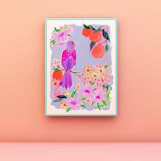 "Orange Grove Twinspot" Print: Vibrant Bird and Citrus Wall Décor from Jean Choe Art & Design - Giclée
