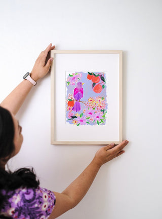 "Orange Grove Twinspot" Print: Vibrant Bird and Citrus Wall Décor from Jean Choe Art & Design - Giclée