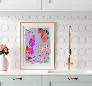 "Orange Grove Twinspot" Print: Vibrant Bird and Citrus Wall Décor from Jean Choe Art & Design - Giclée