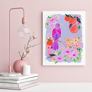 "Orange Grove Twinspot" Print: Vibrant Bird and Citrus Wall Décor from Jean Choe Art & Design - Giclée