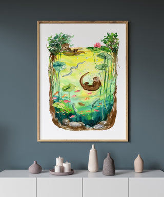 Otter Peaceful Watercolor Art Print – Playful Wildlife Wall Art from Jean Choe Art & Design - Giclée