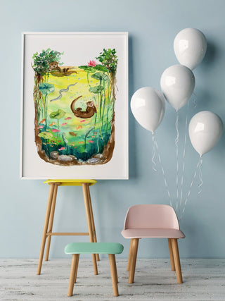 Otter Peaceful Watercolor Art Print – Playful Wildlife Wall Art from Jean Choe Art & Design - Giclée