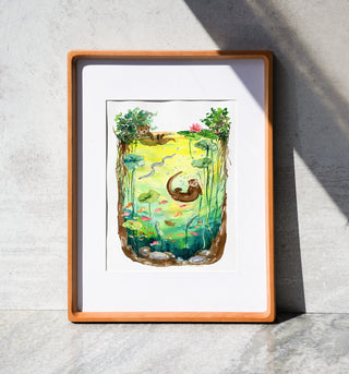 Otterly Peaceful (Original) with Cherry Wood Frame from Jean Choe Art & Design - Watercolor