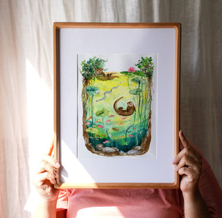 Otterly Peaceful (Original) with Cherry Wood Frame from Jean Choe Art & Design - Watercolor
