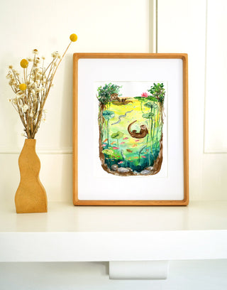 Otterly Peaceful (Original) with Cherry Wood Frame from Jean Choe Art & Design - Watercolor