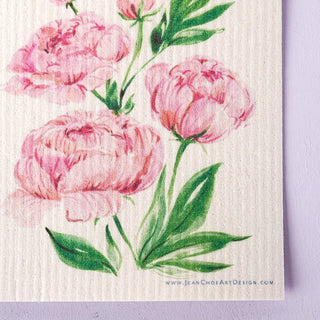 Pink Peony Swedish Dishcloth: Reusable Floral Kitchen Wipe from Jean Choe Art & Design - Reusable Paper Towels