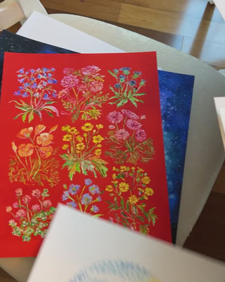 Video showing fine art print of Jean Choe's watercolor painting with nine wildflowers